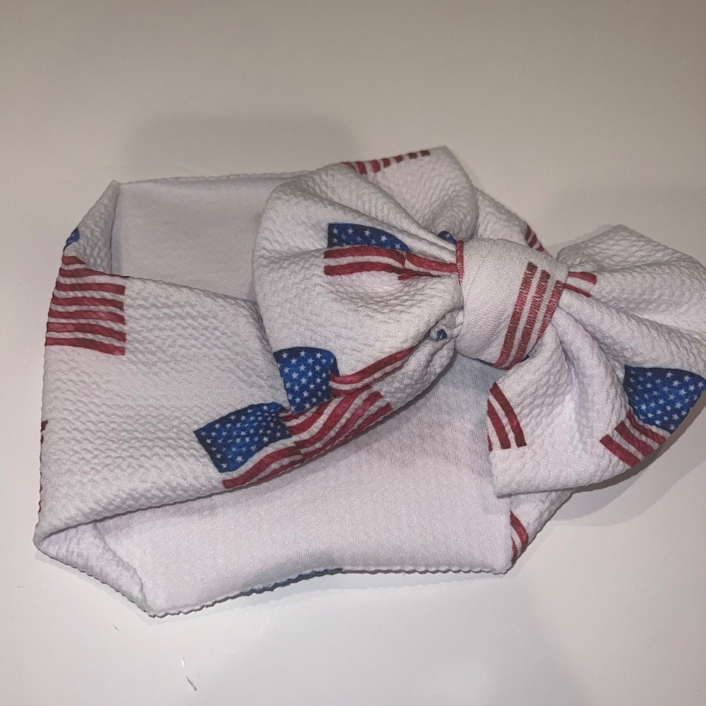 Bums & Roses Headband Kids OS White American Flag Oversized Bow Waffle Knit